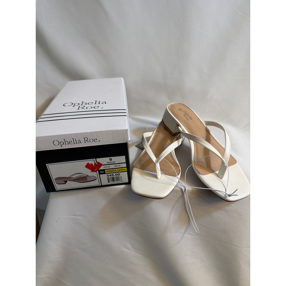 Ophelia Roe Olivia White Thong Sandal Square Toe Low Block Heel Womens 9 NEW